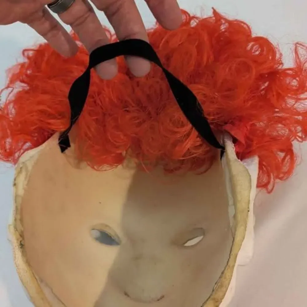 Creepy Evil Clown Halloween Mask with Orange Wig Costume Cosplay Prop Clean